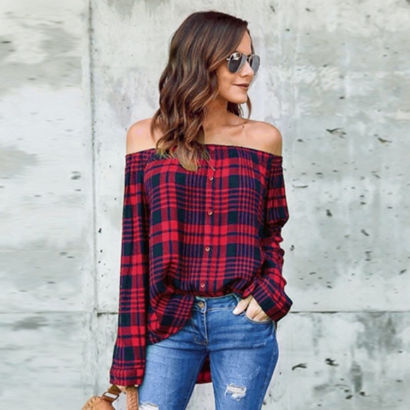 fairlygirly Tops - Off Shoulder Button Front Red Navy Plaid Blouse